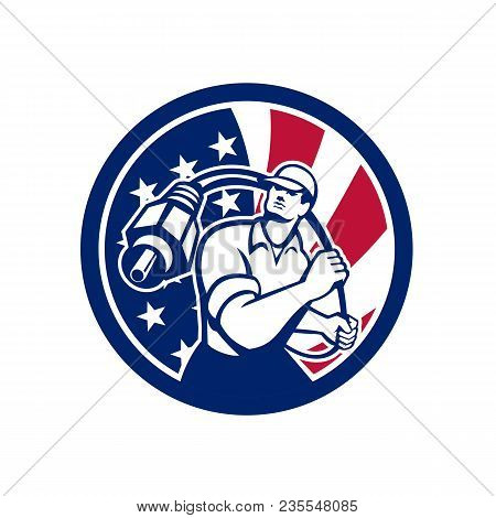 Icon Retro Style Illustration Of American Cable Installer Guy Holding Rca Plug Cable With United Sta