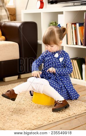Cute Little Girl Sit On Her Chamber Pot Do Caca Playing With Cellphone Portrait