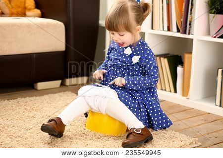 Cute Little Girl Sit On Her Chamber Pot Do Caca Playing With Cellphone Portrait