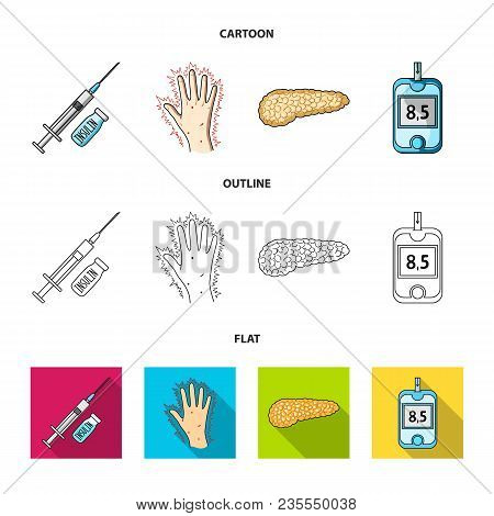 Syringe With Insulin, Pancreas, Glucometer, Hand Diabetic. Diabet Set Collection Icons In Cartoon, O