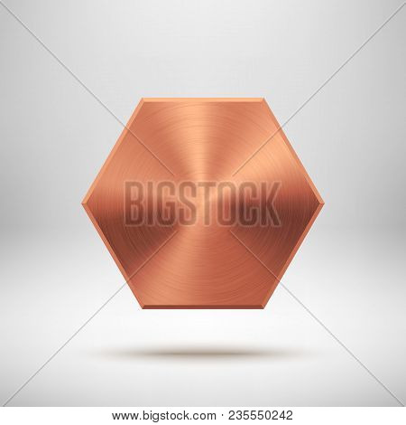 Bronze Abstract Polygon, Hex Badge, Technology Blank Button Template With Metal Texture, Chrome, Ste