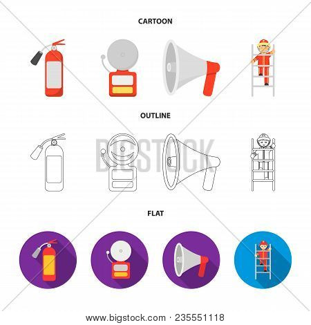 Fire Extinguisher, Alarm, Megaphone, Fireman On The Stairs. Fire Departmentset Set Collection Icons 