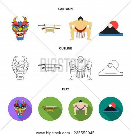 Dragon Mask, Katano, A Man Is A Sumo Player, A Fujiama Mountain.japan Set Collection Icons In Cartoo