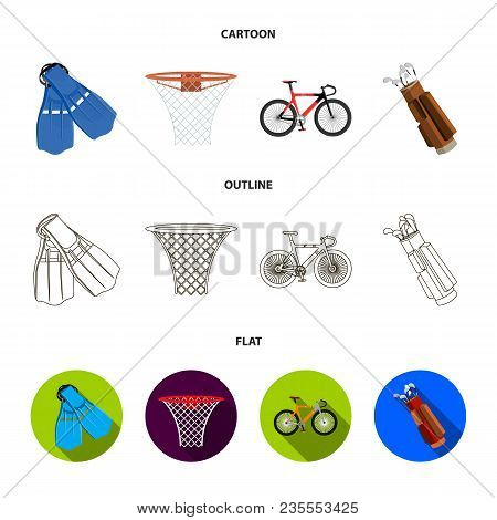 Flippers For Swimming, Basketball Basket, Net, Racing Holograph, Golf Bag. Sport Set Collection Icon