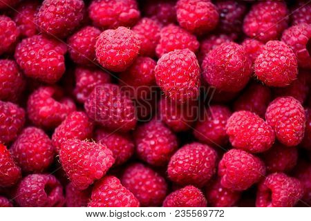 Fresh Raspberries Background With Copy Space. Top View. Vegan And Vegetarian Concept. Summer Healthy