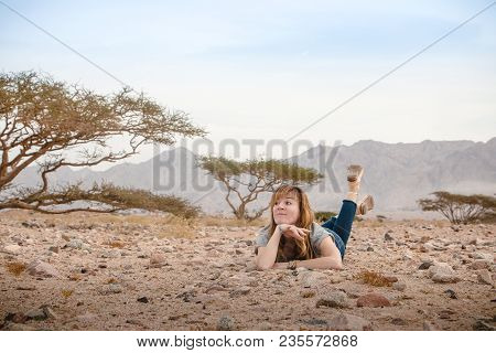 Girl Have Fun In Desert In A Summer Day