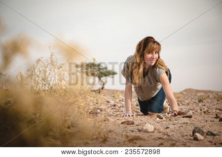 Girl Have Fun In Desert In A Summer Day
