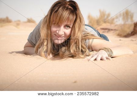 Girl Have Fun In Desert In A Summer Day
