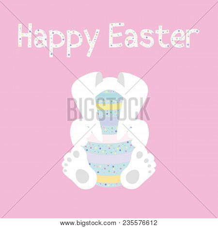 Cute Bunny With Easter Egg On Pink Background. Vector Illustration.