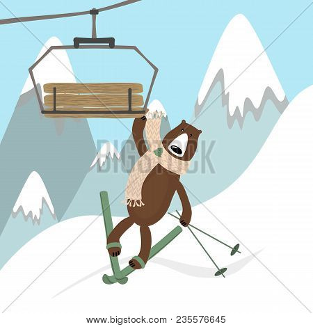 Cartoon Bear Skier With Ski Lift Gondola On Ski Resort Background. Vector Illustration.