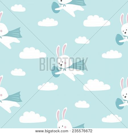 Happy Easter Seamless Pattern. Vector Background With Easter Bunny, Egg And Clouds. Suitable For Wra