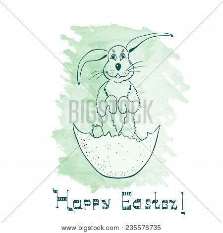 Funny Handdrawn Easter Bunny Standing On The Hind Legs In The Eggshell With Meek Attitude. Hand Draw