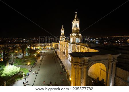 AREQUIPA PERU NOVEMBER 9: Main square of Arequipa with church on november 9 2015 in Arequipa Peru. Arequipa's Plaza de Armas is one of the most beautiful in Peru.