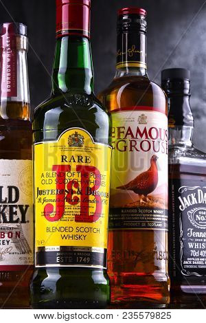 Poznan, Poland - Mar 30, 2018: Bottles Of Several Global Whiskey Brands, The Most Popular Liquor In 