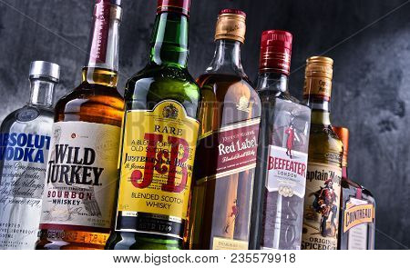 Poznan, Poland - Mar 30, 2018: Bottles Of Assorted Global Hard Liquor Brands