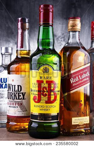 Poznan, Poland - Mar 30, 2018: Bottles Of Assorted Global Hard Liquor Brands