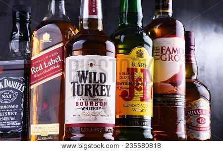 Poznan, Poland - Mar 30, 2018: Bottles Of Several Global Whiskey Brands, The Most Popular Liquor In 