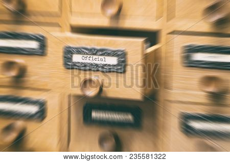 The Archives Card Catalog , Old Wooden File Catalog Box, Index , Database, Archive And Library Conce