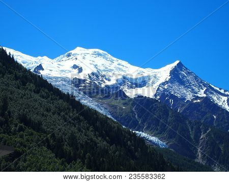 Mont Blanc Massif On Alpine Mountains Range Landscapes And Beauty Bossons Glacier In Chamonix Villag