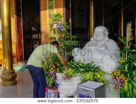 Long Xuyen, Vietnam - Sep 1, 2017. A Man Praying At Chinese Temple In Long Xuyen, Vietnam.