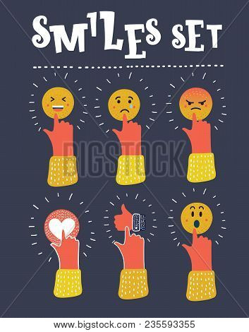 Vector Cartoon Illustrationsocial Media Icons And Hand Cursor. Face With Emotions. Mood. Thumb Up, H