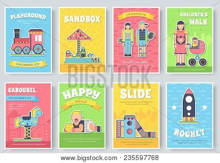 Kids Playground Field  Brochure Cards Set. Staff Equipment Template Of Flyear, Magazine, Poster, Boo