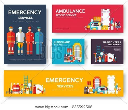 Firefighter, Rafting, Police, Medicine Rescue Cards Template Set. Flat Design Icon Of Flyear, Magazi