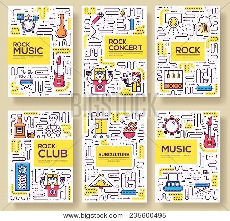 Thin Line Musicians Playing  Brochure Card Set. During The Party  Template Of Flyear, Magazines, Pos