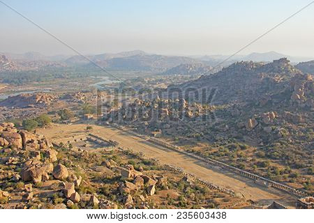 Sunrise In Hampi On Matanga Hill. View From Above, From The Sky, Aerophoto.  Indian Temple Hampi In 