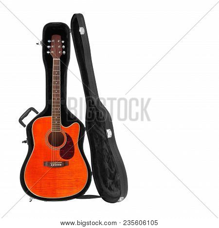 Musical Instrument - Tiger Flame  Maple Acoustic Guitar Hard Case Isolated On A White Background.