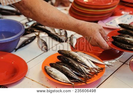 Fish Monger Grading His Fish Into Red Plate Before Sell. Selective Focus Shot.image May Contain Nois