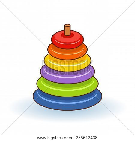 Pyramid Icon. Childrens Colorful Plastic Toy. Rainbow Color Stacking Ring Set. Triangle Shape. Educa
