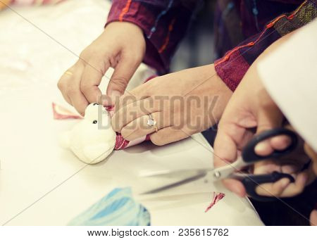 Making Teddy Bear.red Fabrick, Cutting Activities On Table