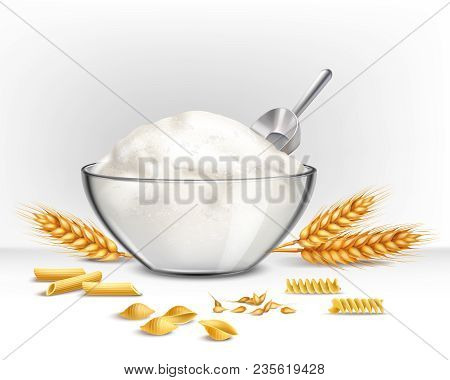 Bowl Of Wheat Flour With Grain And Cereal Symbols Realistic Vector Illustration