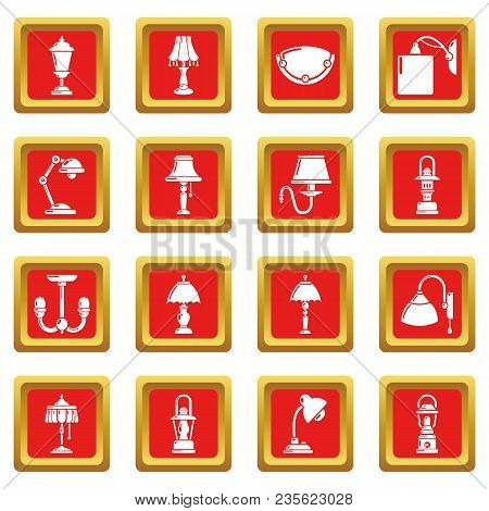 Lamp Icons Set Vector Red Square Isolated On White Background