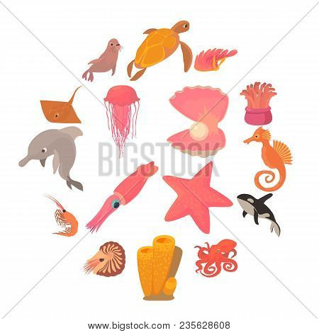 Ocean Animals Fauna Icons Set. Cartoon Illustration Of 16 Ocean Animals Fauna Vector Icons For Web
