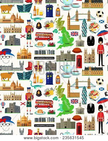 Map Of United Kingdom And Travel Icons.united Kingdom Travel Map. Seamless Travel Pattern Of United 