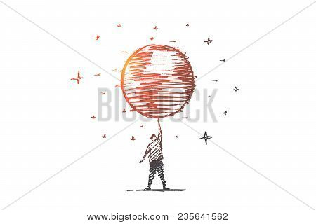 Vector Hand Drawn My Planet Concept Sketch. Big Globe Spinning On Mans Raised Hand, Stars At Backgro