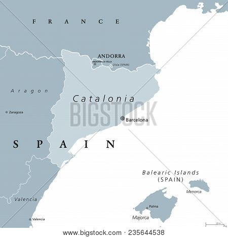 Catalonia Political Map With Capital Barcelona And Borders. Autonomous Community Of Spain On The Nor