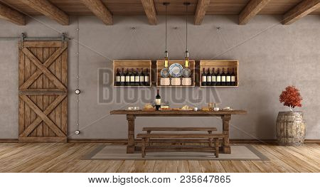 Dining Room In Rustic Style With Old Table,bench And Sliding Door - 3d Rendering