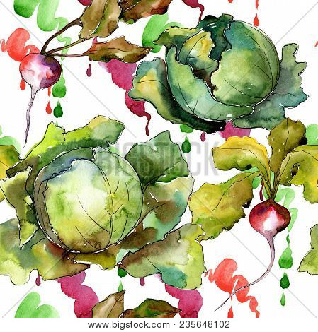 Red Radish Vegetables  In A Watercolor Style Pattern. Full Name Of The Vegetablles: Radish. Aquarell