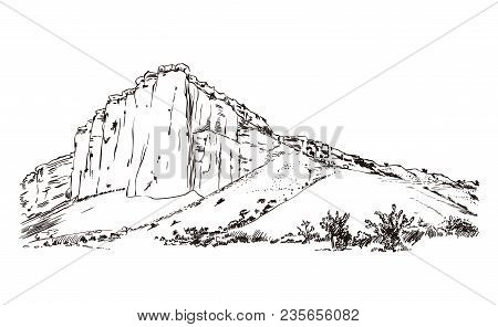 Mountains Sketch White Rock Crimea, Engraving Style, Hand Drawn Vector Illustration