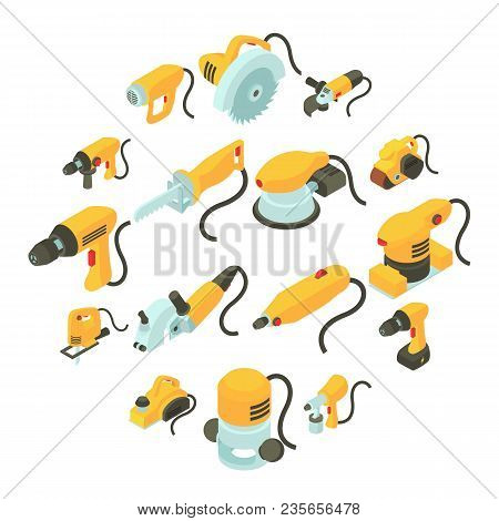Electric Tools Icons Set. Isometric Cartoon Illustration Of 16 Electric Tools Vector Icons For Web