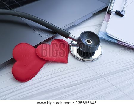 Stethoscope Laptop Heart Working Table Docter, Cure, Red