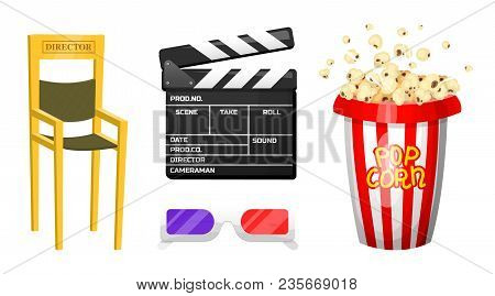 Movie Elements. Vintage Cinema, Entertainment And Recreation With Popcorn. Retro Clapperboard. Filmm