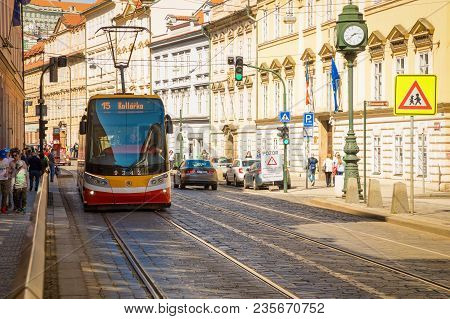 Prague, Czech Republic - 09.04.2018: Modern Tram At Street In Old Town Of Prague, Czech Republic.