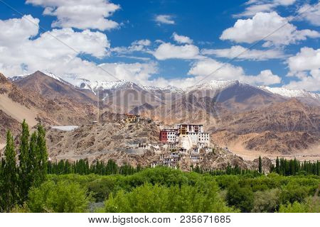 Spituk Monastery with view of Himalayas mountains. Spituk Gompa is a famous Buddhist temple in Ladakh, Jammu and Kashmir, India.