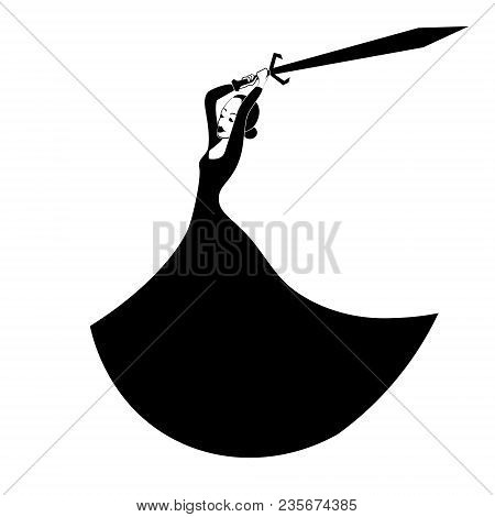 Black Evil Woman With Sword. Vector Hand Drawing Outline Illustration.