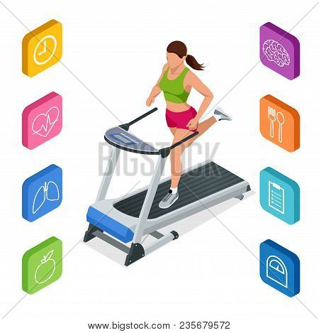 Isometric Young Woman In Sportswear Running On Treadmill At Gym. Fitness And Health Icons. Running M