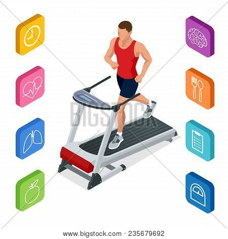 Isometric Young Man In Sportswear Running On Treadmill At Gym. Fitness And Health Icons. Running Mac